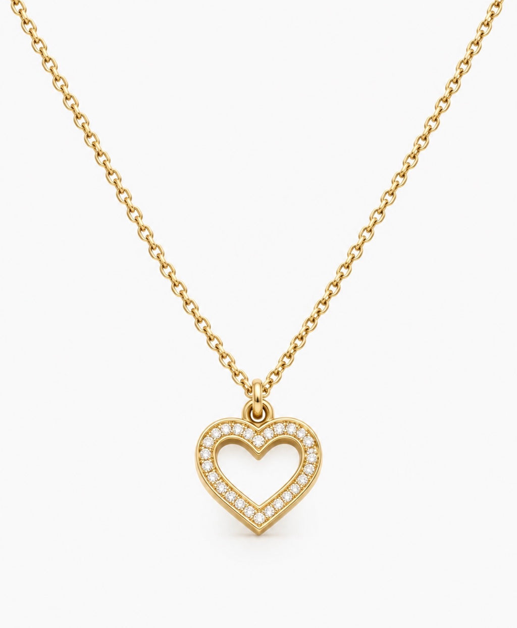 Gold pavé open heart necklace on 40cm chain, Kaiya London