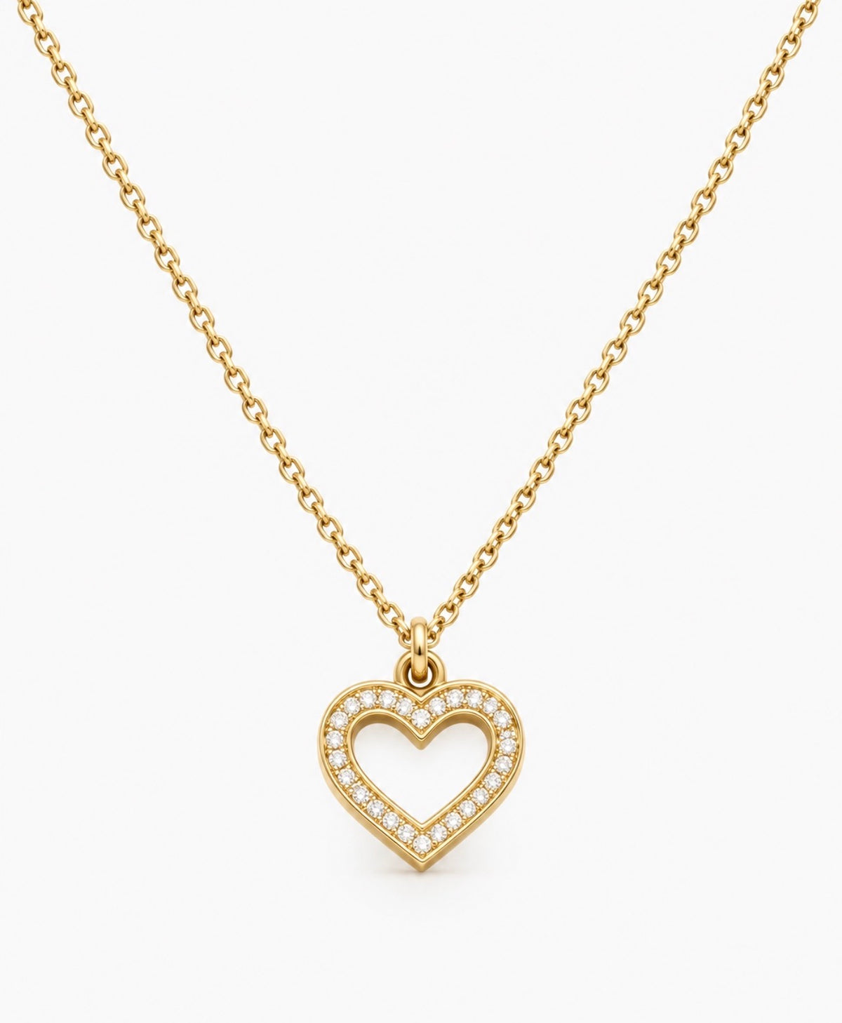 Gold pavé open heart necklace on 40cm chain, Kaiya London
