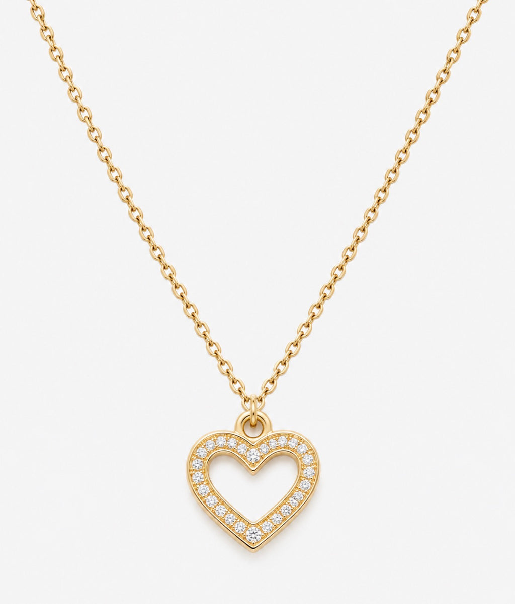 Tarnish free gold heart pendant necklace on white background