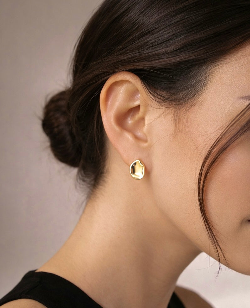 18K gold nugget stud earrings worn on model waterproof PVD