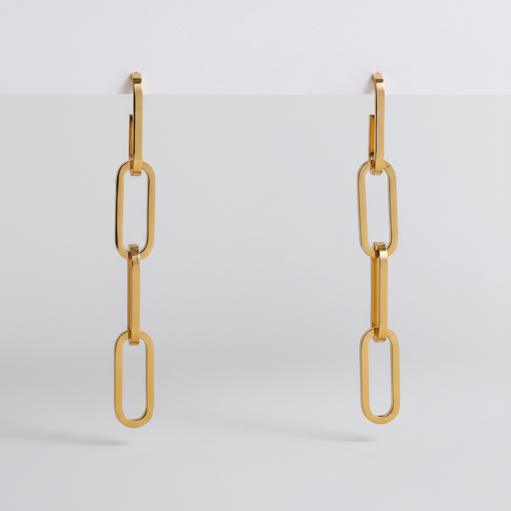 18k gold paperclip chain drop earrings architectural design - Kaiya London