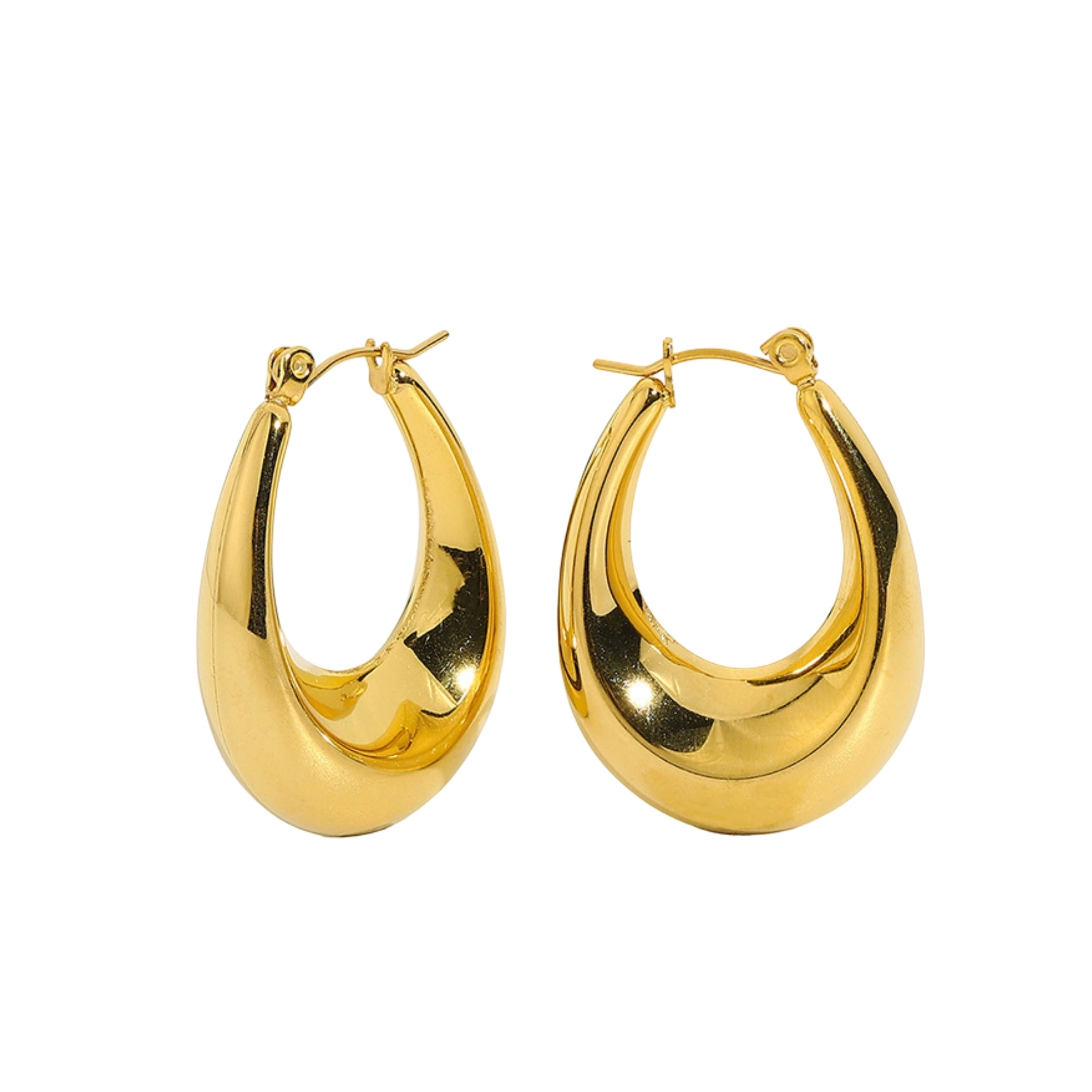 gold open oval hoop earrings worn on model ear